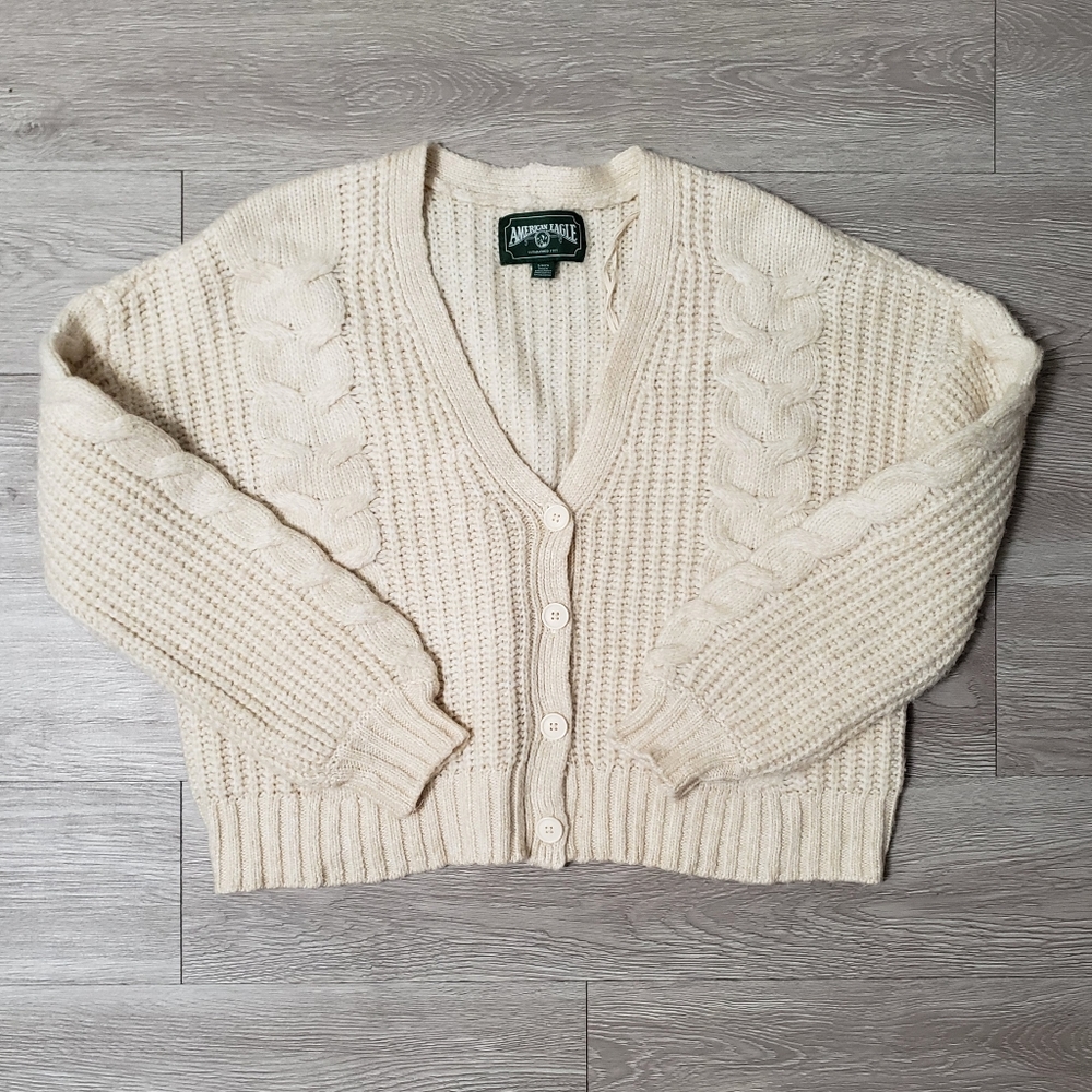 American Eagle crop button front cardigan knit cream sweater size Small